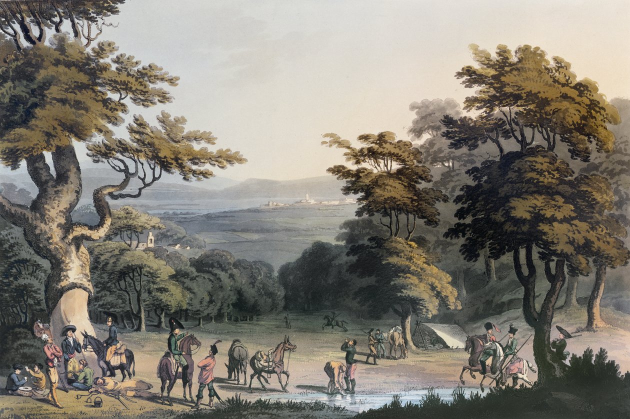 Een verre blik op Ciudad Rodrigo genomen vanuit het eikenbos bij het dorp Espeja, 1813 door Charles Turner