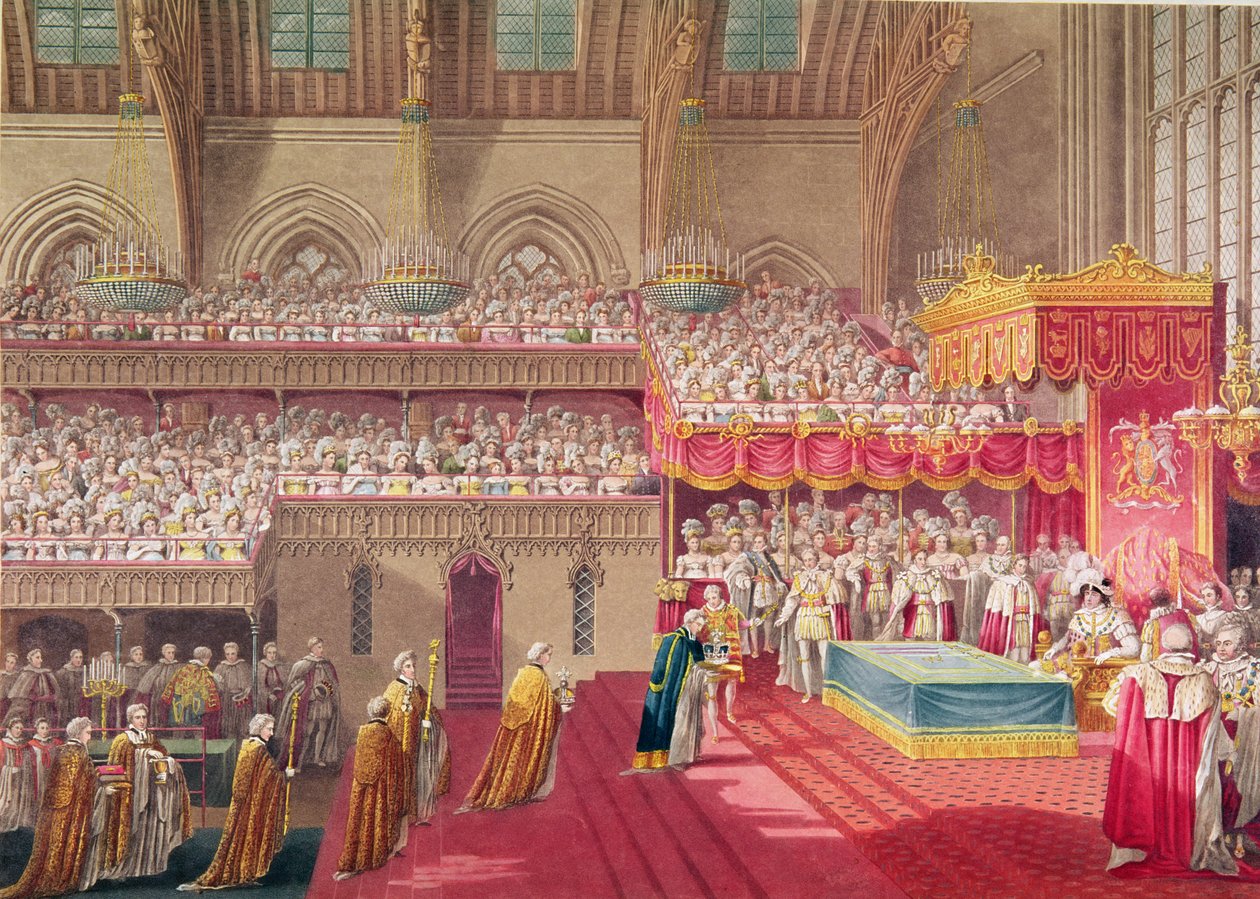Processie van de deken en prebendarissen van Westminster met de regalia, uit een album ter viering van de kroning van koning George IV (1762-1830) 19 juli 1821, gegraveerd door Matthew Dubourg door Charles Wild