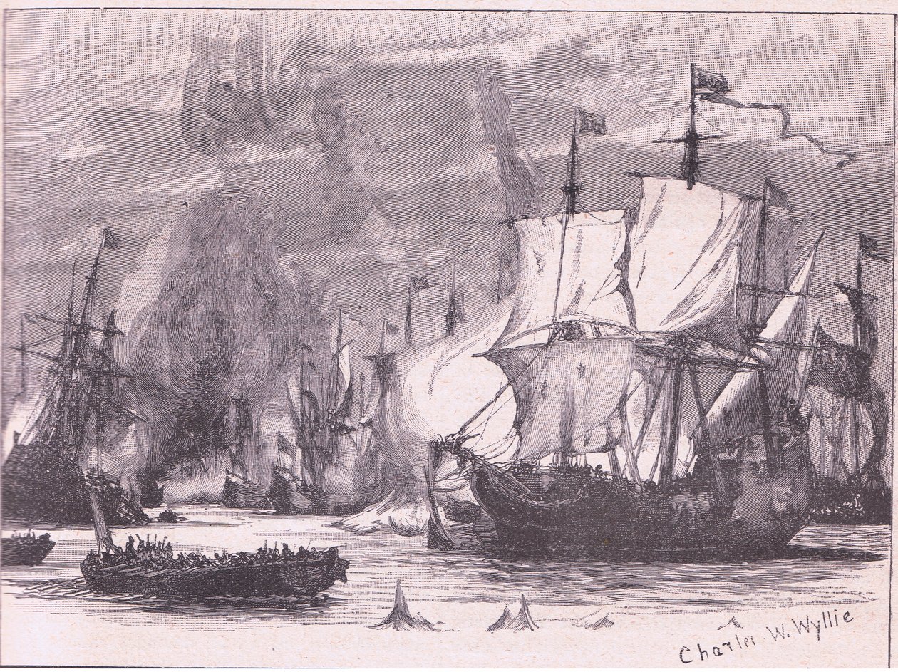 Zeeslag bij Kaap Passaro AD 1718 door Charles William Wyllie