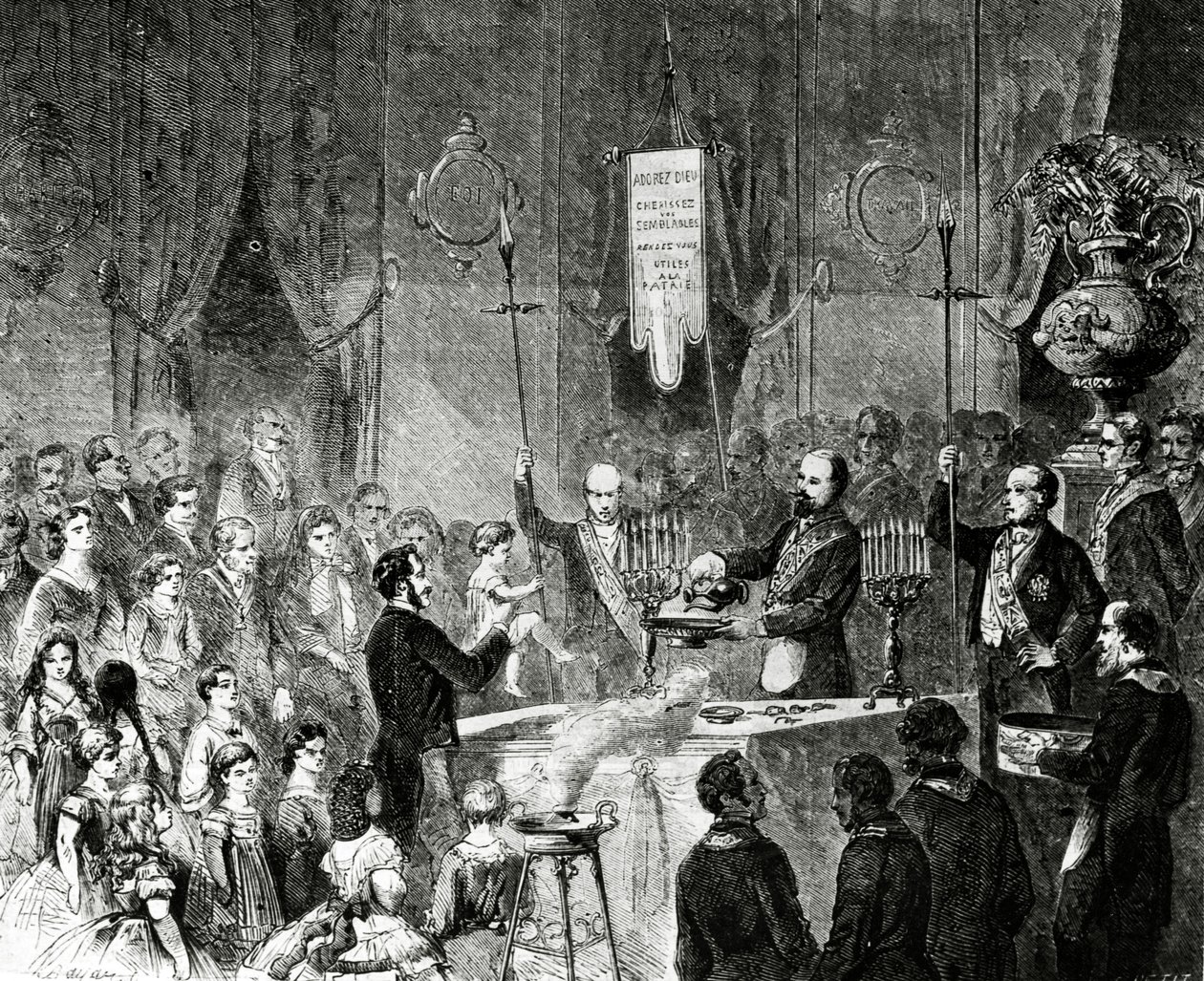 Een maçonnieke doop in de Lodge of Fraternal Friendship, Grand Orient de France, Parijs, 1861 door Charles Yriarte