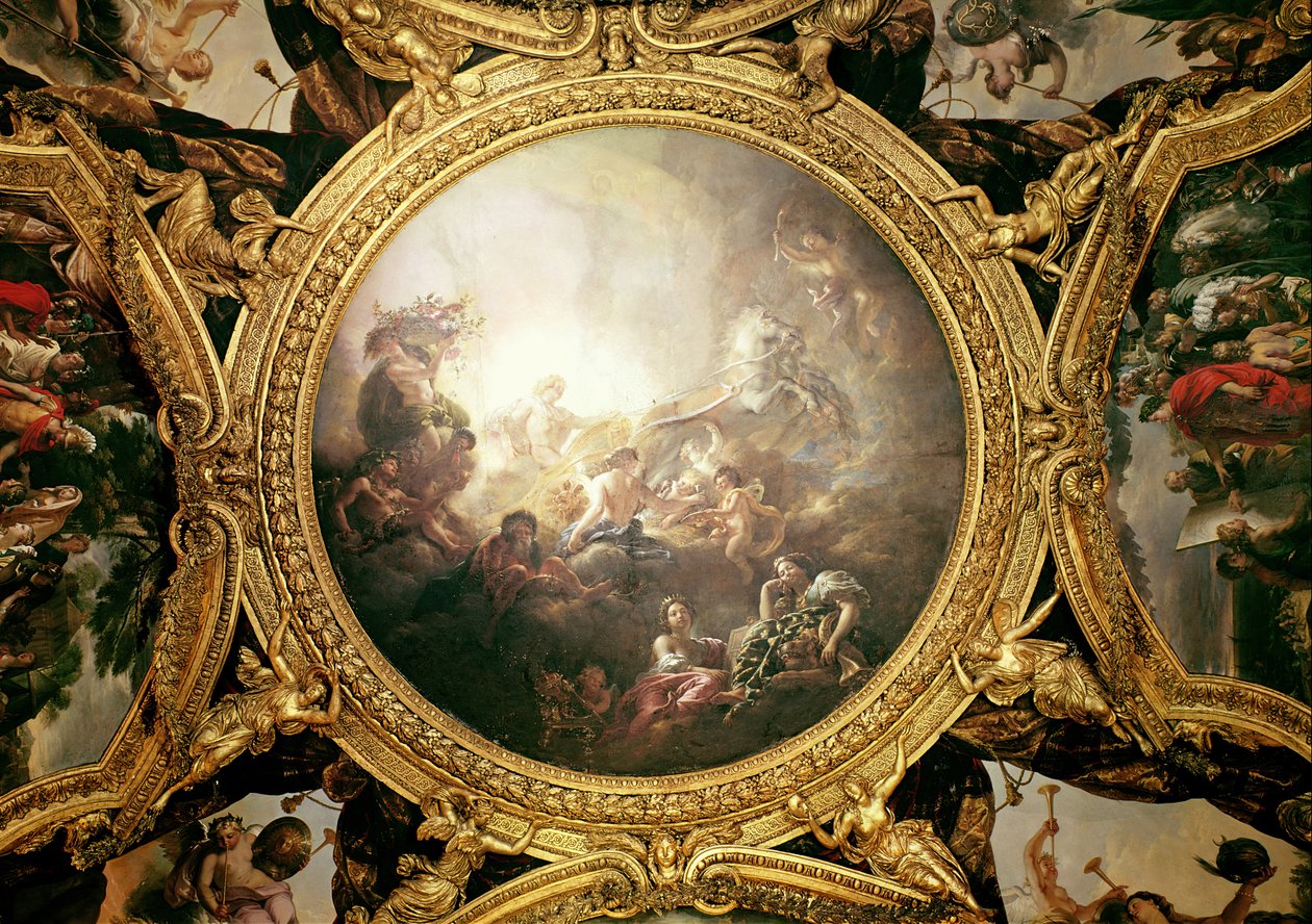 De wagen van Apollo, plafondschildering uit de Salon van Apollo door Charles de la Fosse