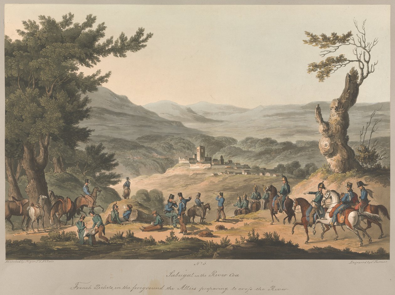 No.5. Sabugal aan de rivier Coa Franse posten op de voorgrond de Geallieerden bereiden zich voor om de rivier over te steken door Charles (after) Turner