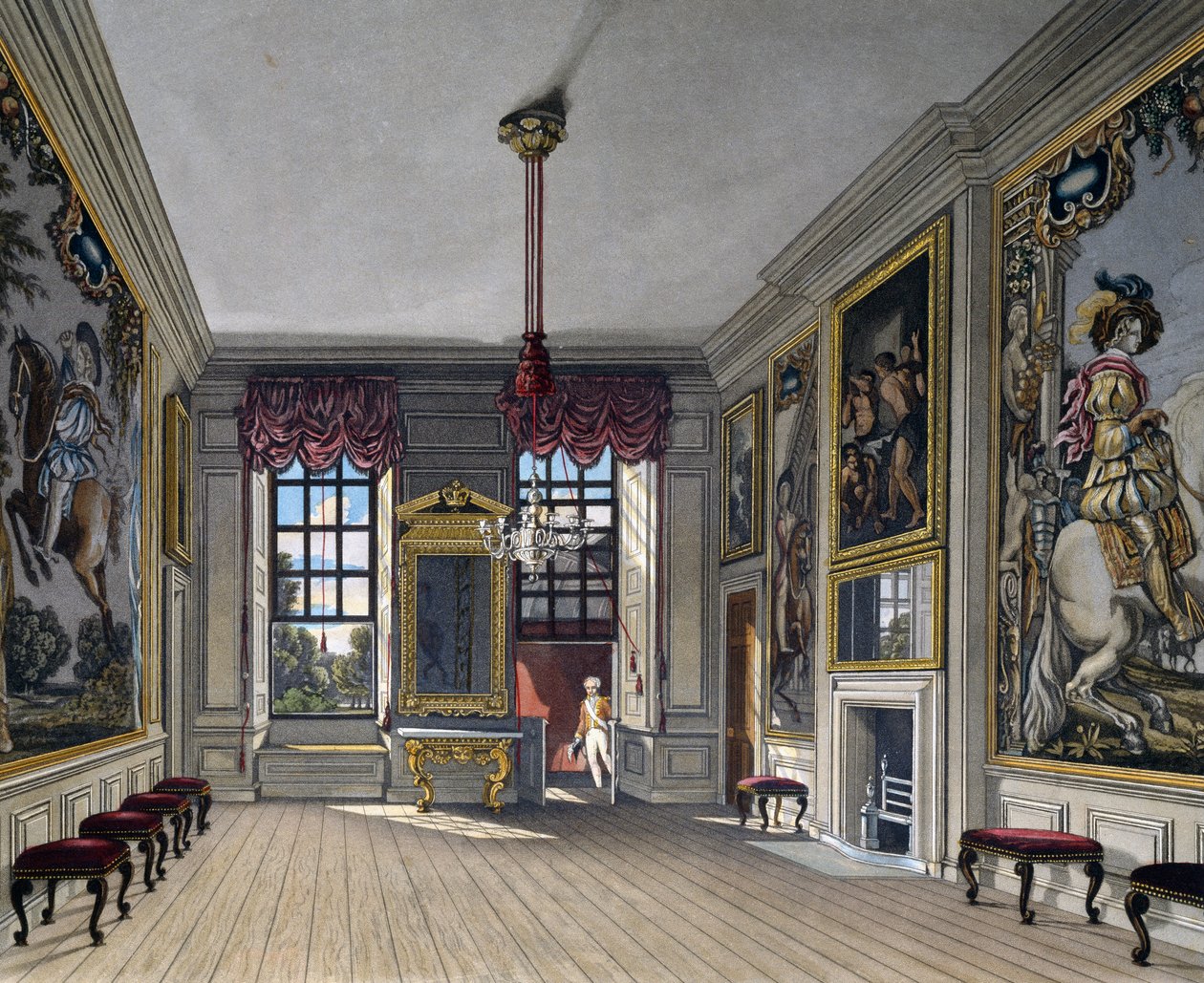 Audiëntiezaal van de koningin, gravure door William James Bennett (1787-1844), gebaseerd op ontwerp van Charles Wild (1781-1835), uit The History of the Royal Residences door Charles (after) Wild