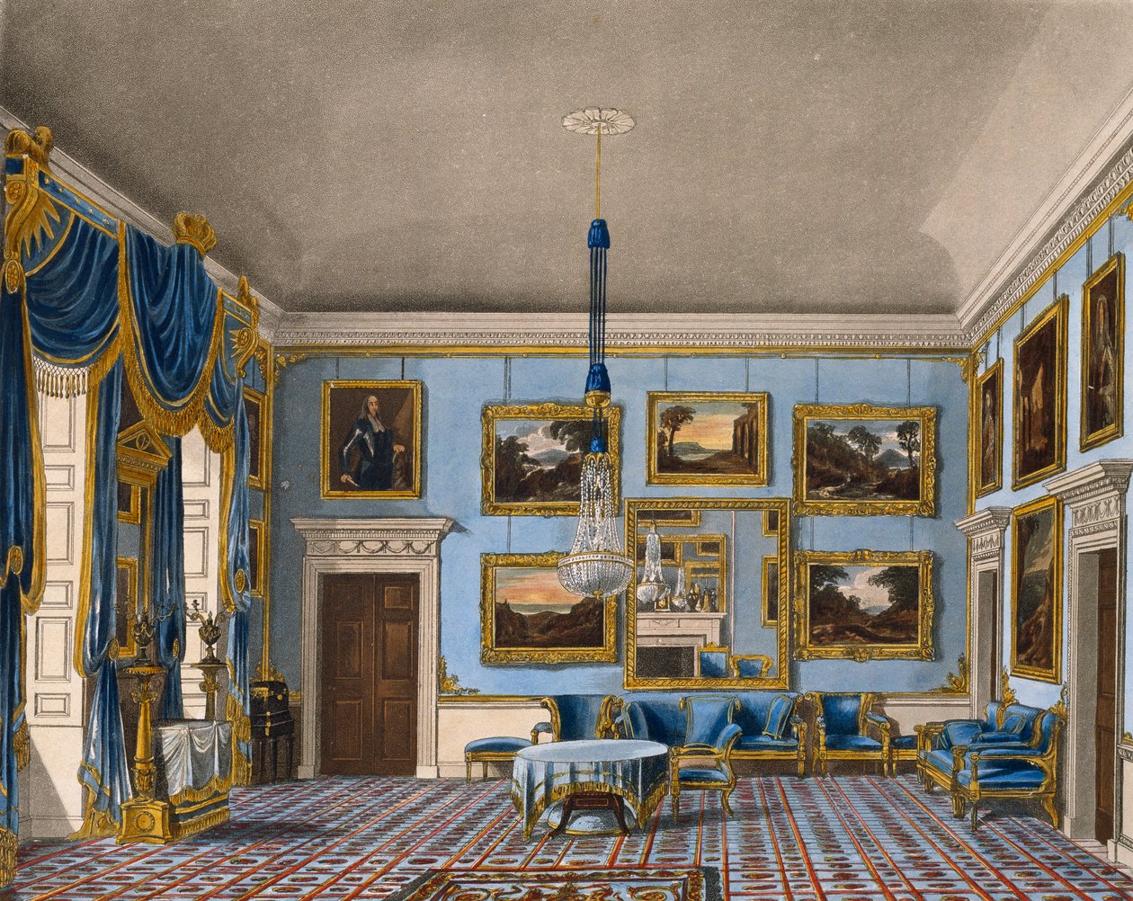 Blauwe fluwelen hal, gravure door Daniel Havell, gebaseerd op ontwerp door Charles Wild, uit The History of the Royal Residences door Charles (after) Wild