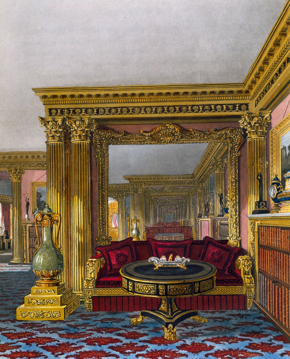 Gouden salon, gravure door William James Bennett, gebaseerd op ontwerp door Charles Wild, uit The History of the Royal Residences door Charles (after) Wild