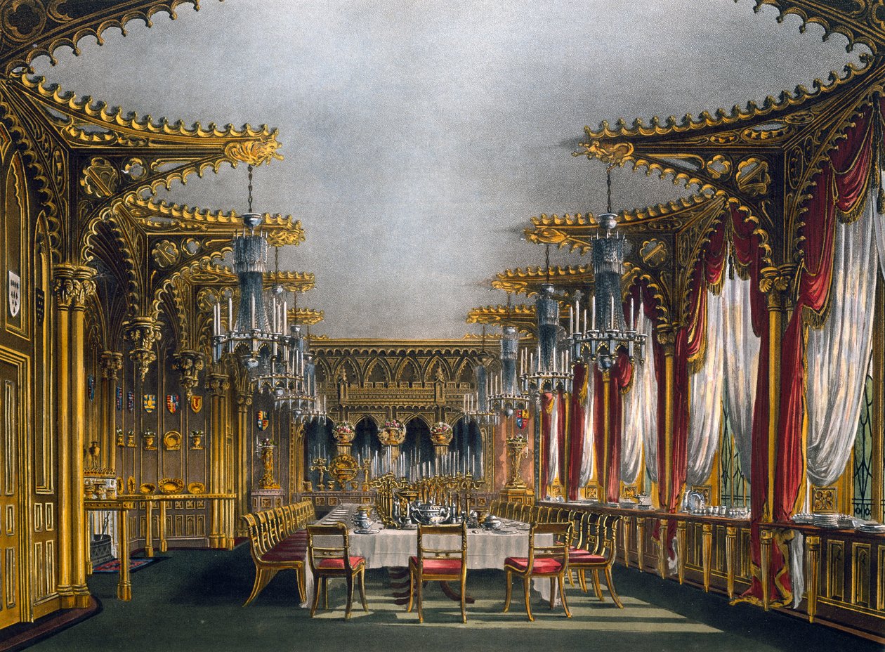 Gotische eetkamer, gravure door Thomas Sutherland, gebaseerd op ontwerp door Charles Wild, uit The History of the Royal Residences door Charles (after) Wild