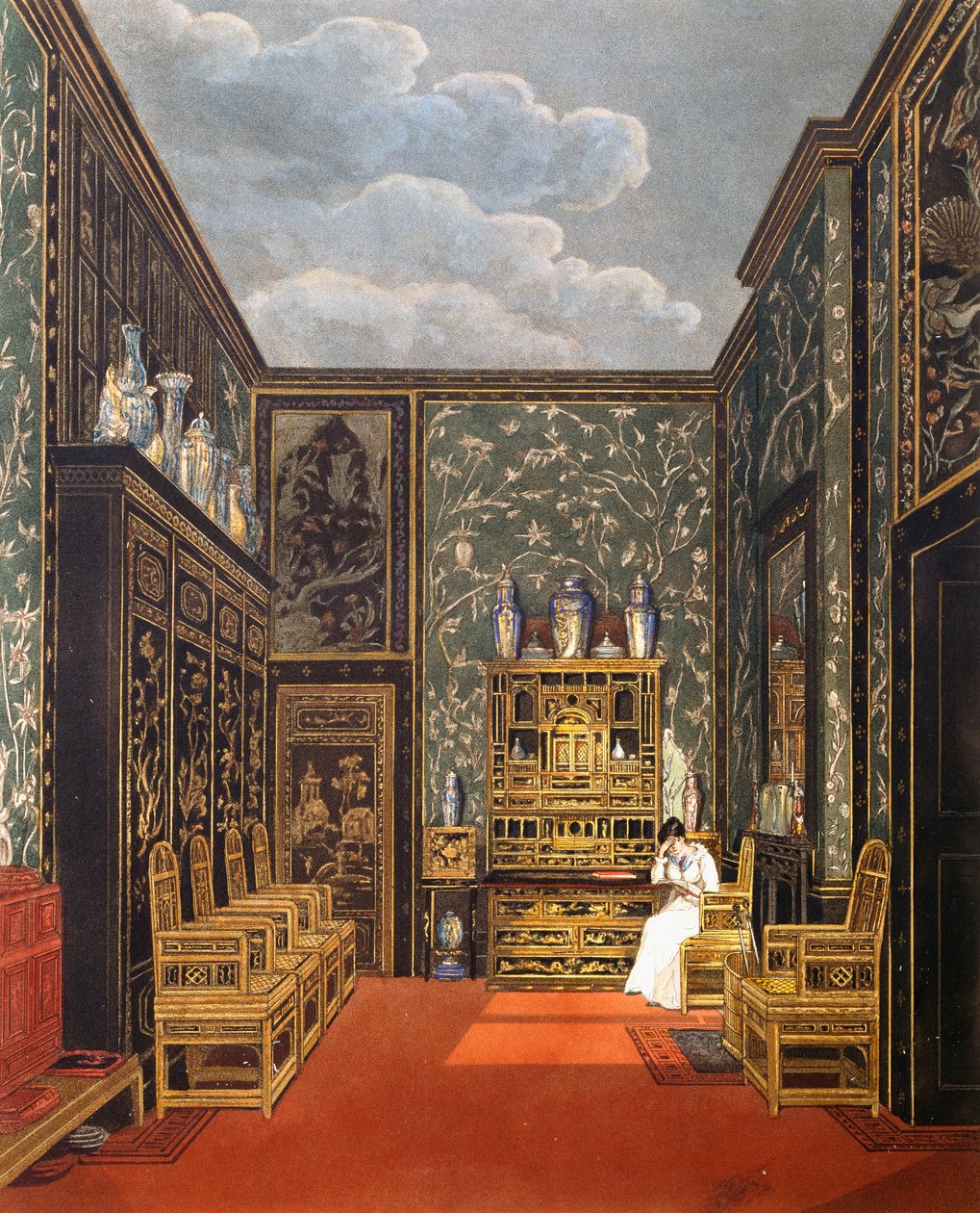 Groene zitkamer, uit De Geschiedenis van de Koninklijke Residenties door Charles (after) Wild