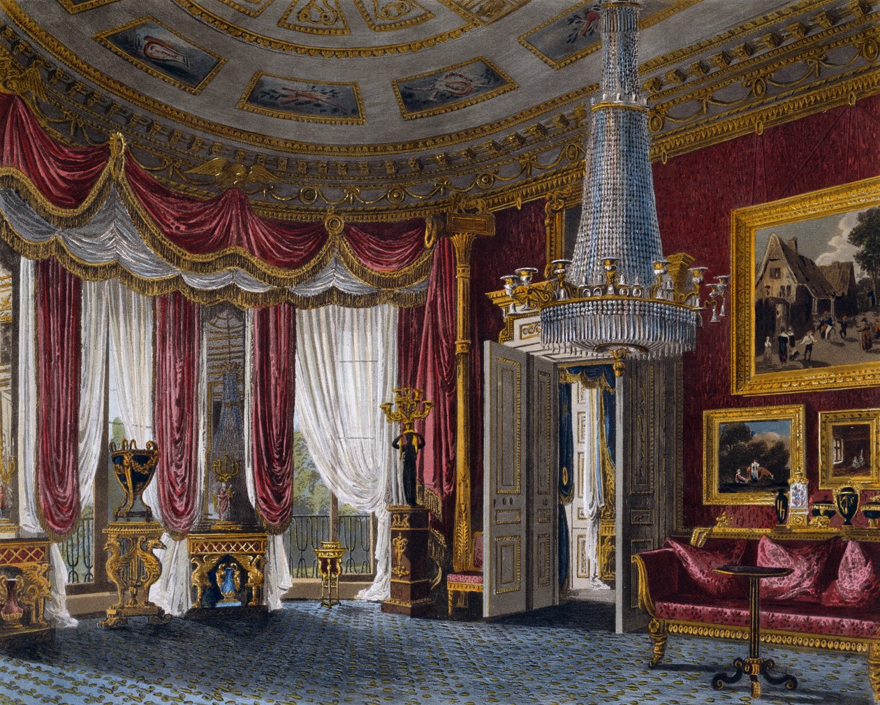 Roze satijnen salon, Gravure door Richard Reeve (geboren in 1780), Gebaseerd op ontwerp van Charles Wild (1781-1835), Uit The History of the Royal Residences door Charles (after) Wild