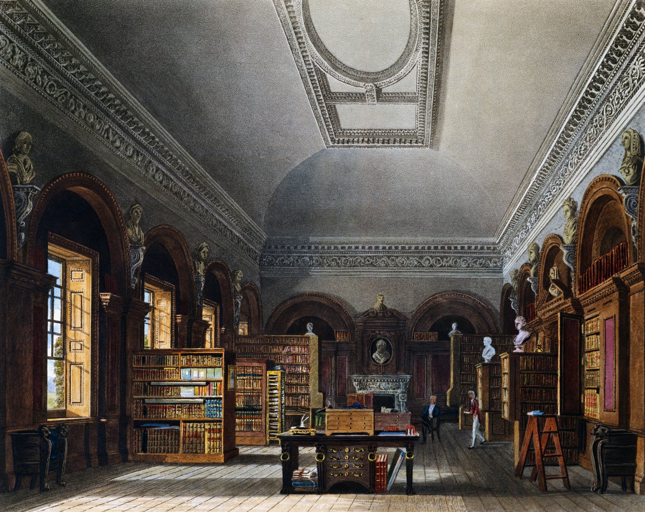 Bibliotheek van de koningin, gravure door Richard Reeve naar tekening van Charles Wild, uit The History of the Royal Residences door Charles (after) Wild