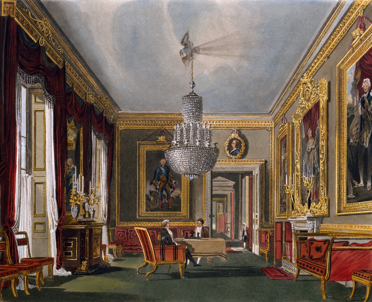 Westelijke voorkamer, Gravure door Richard Reeve (geboren in 1780), Gebaseerd op ontwerp van Charles Wild (1781-1835), Uit The History of the Royal Residences door Charles (after) Wild