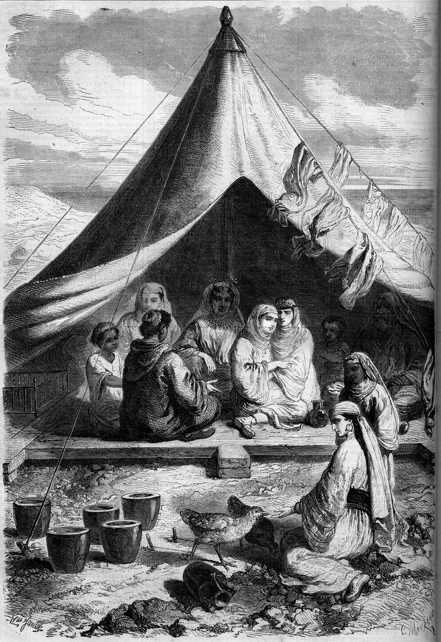 Joodse familie uit Marokko gevlucht aan de kust van Gibraltar in 1860. Volgens de schets van de heer Yriarte. Gravure in 