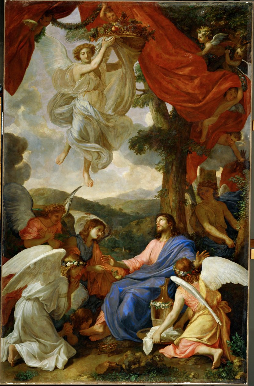 Le Christ au desert servi par les anges - Christus in de woestijn, gediend door engelen ... door Charles (attr. to) Le Brun