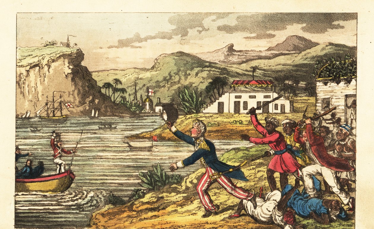 Engelse marineofficier op de vlucht voor een boze Massa planter en Quashee tot slaaf gemaakte mannen zwaaiend met knuppels in Jamaica door Charles (c.1797 1850) (after) Williams