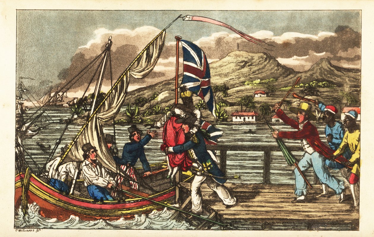 Engelse marineofficier ontvoert een tot slaaf gemaakte vrouw op Barbados Pier, achtervolgd door haar eigenaar echtgenoot en plantagearbeiders door Charles (c.1797 1850) (after) Williams