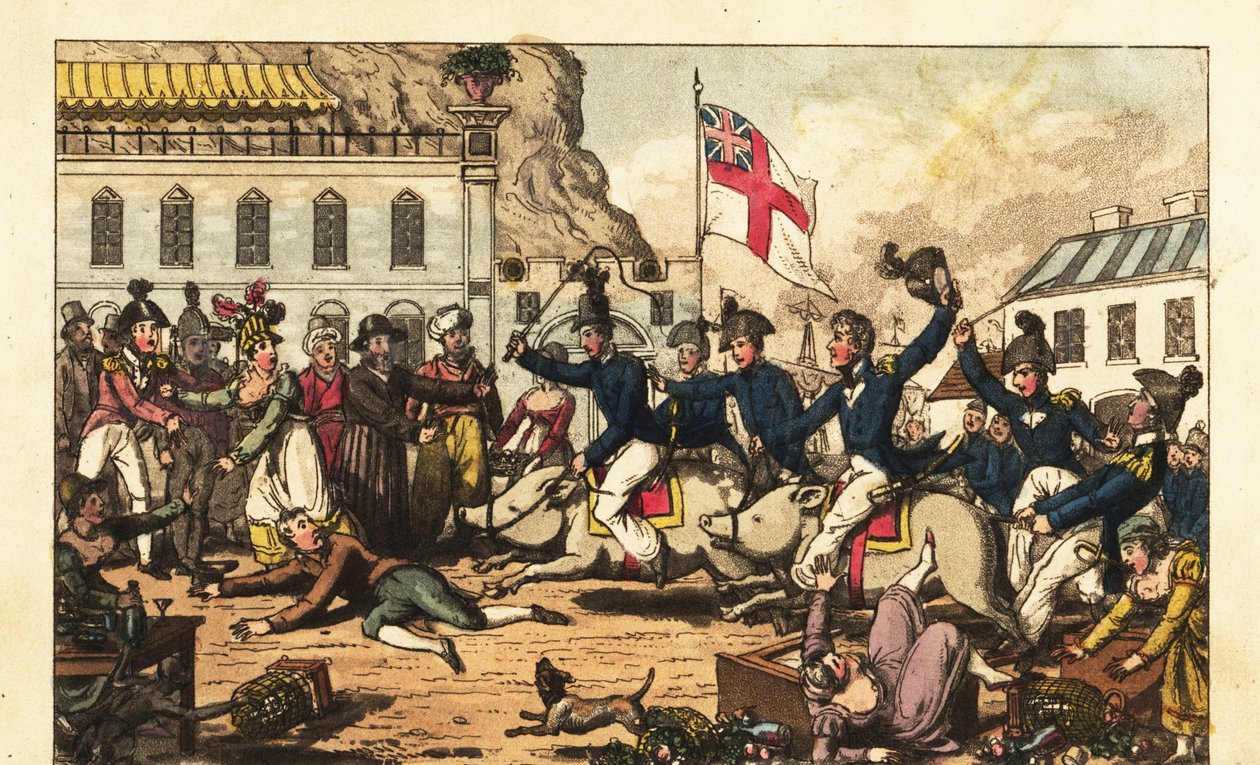 Officieren van de Koninklijke Marine rijden op varkens door de markt in Gibraltar door Charles (c.1797 1850) (after) Williams