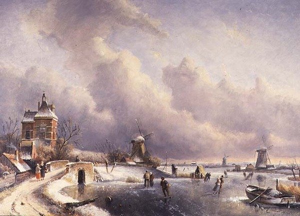 Een winterlandschap door Charles (circle of) Leickert