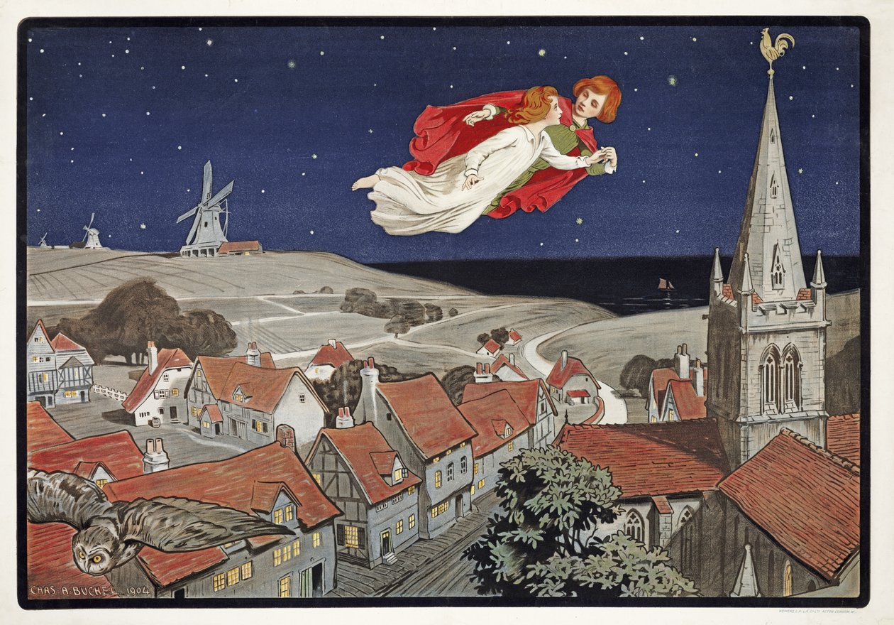 Peter en Wendy Vliegen uit Peter Pan door J M Barrie, pub.1904 door Charles A. Buchel