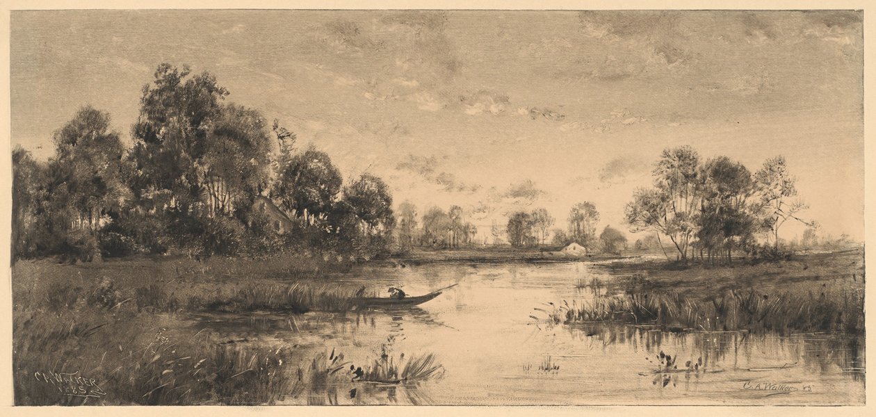 Avond aan een rivier met een schipper door Charles A. Walker