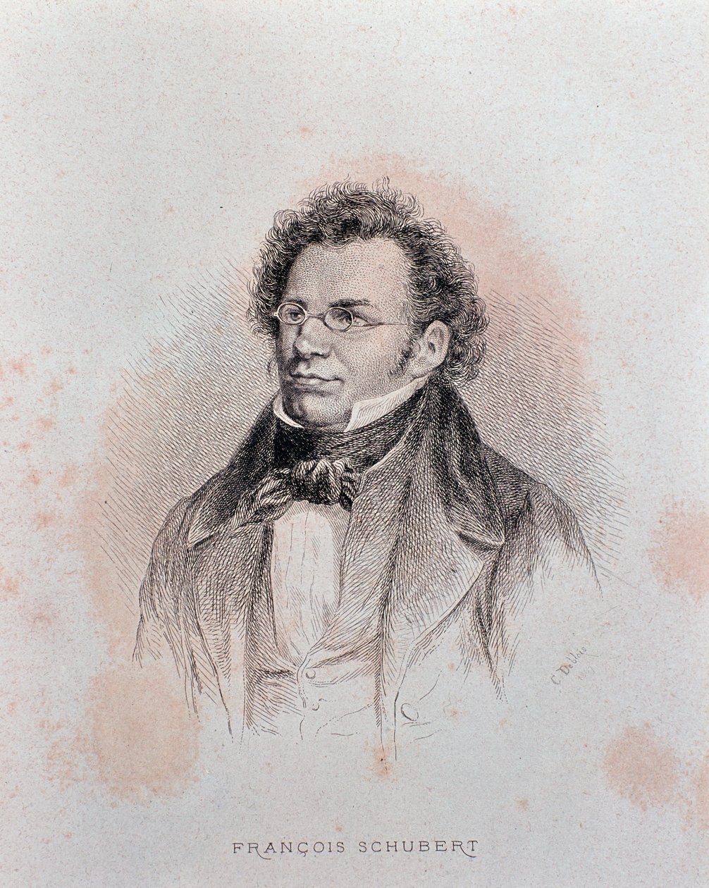 Portret van Franz Schubert (gravure) door Charles Alphonse Deblois