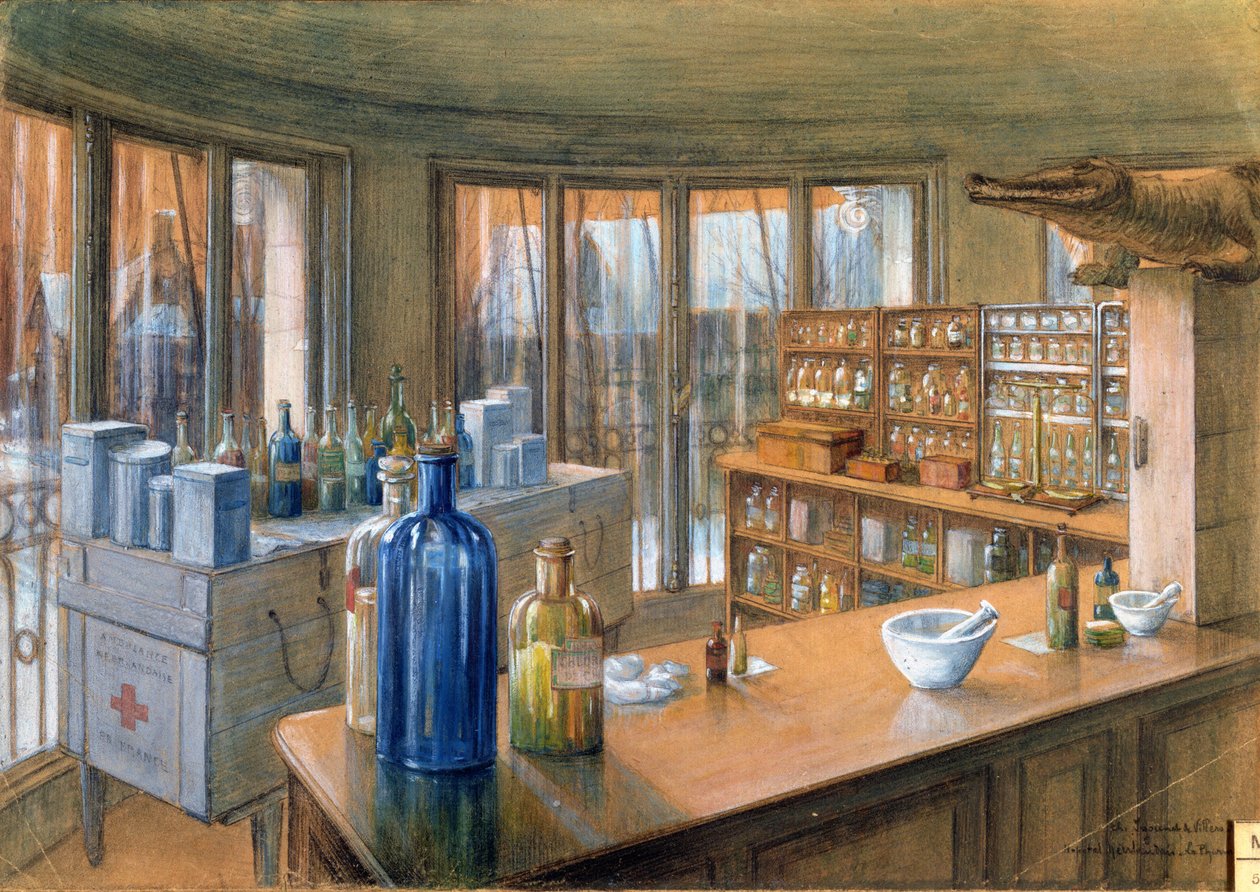 De apotheek van het Nederlandse militaire ziekenhuis in Parijs, 1917 door Charles Andre Igounet de Villers
