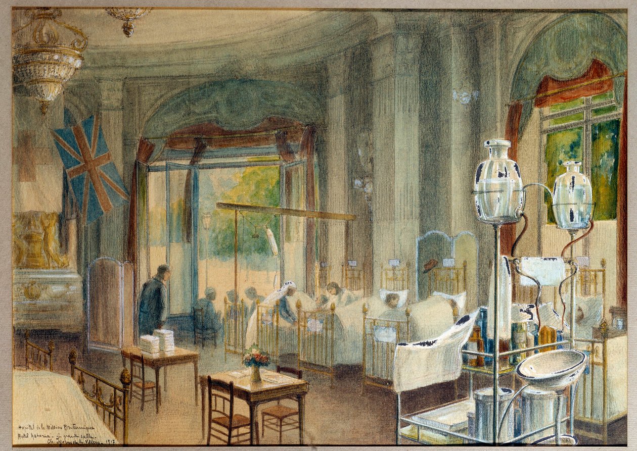 Zicht op de grote zaal van het Britse ziekenhuis in Hotel Astoria. Schilderij door Charles Igunet De Villers (1881 - 1944) door Charles Andre Igounet de Villers