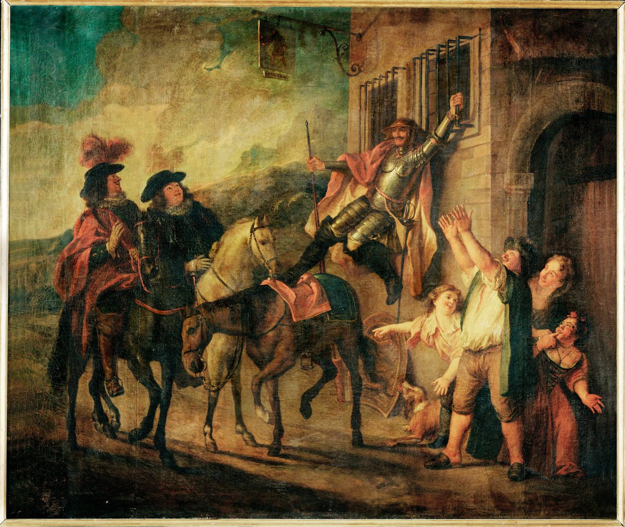 Don Quichotte attache a unse fenetre par la malice de Maritorne - Don Qijote wordt door de boosaardigheid van Maritorne vastgebonden aan een raam ... door Charles Antoine Coypel