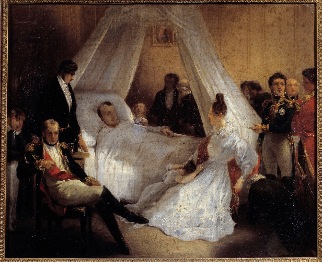 Keizer Napoleon I (1769-1821) op zijn sterfbed 5/05/1821 op het eiland Sint-Helena. Schilderij door Charles Augustus Steuben (1788-1856) 1821. Dim. 0,37x0,45 m. Ile d