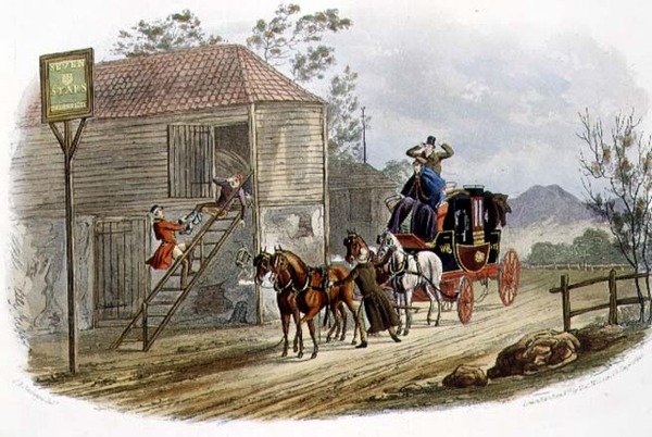 "Een luie paardenverzorger voor de postkoets", gegraveerd door R.G. Reeve door Charles B. (after) Newhouse