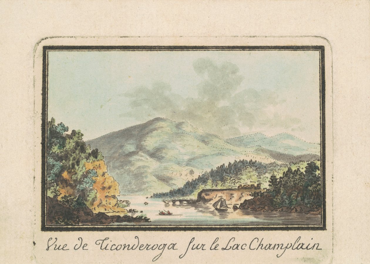Uitzicht op Ticonderoga vanaf Lake Champlain door Charles B. J. Févret de Saint Mémin