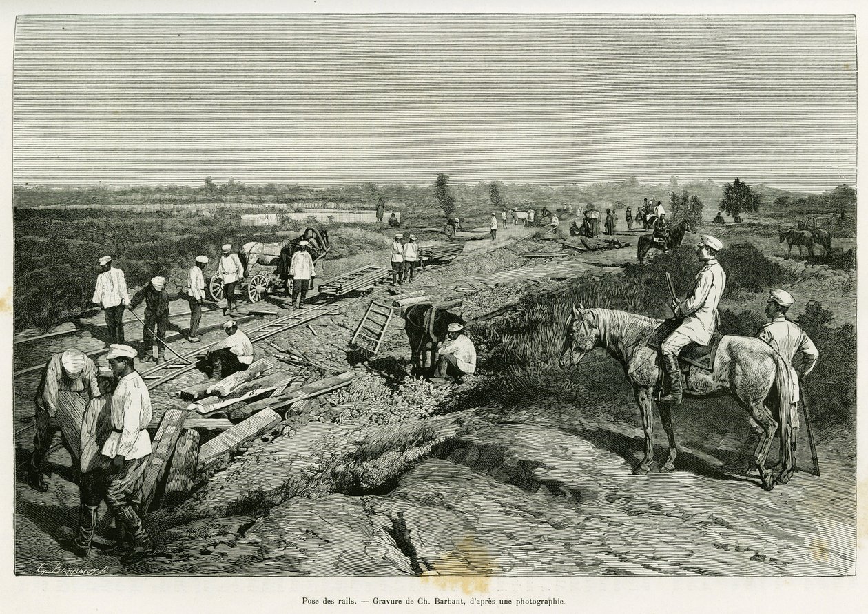 Het leggen van de transcaspische rails. Gravure door Ch. Barbant ter illustratie van het verhaal Voyage a Merv, door Edgar Boulanger, in le tour du monde 1887, onder leiding van Edouard Charton (1807-1890), Hachette, Parijs door Charles Barbant