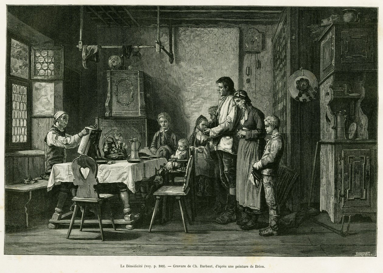 De benedicite. Barbant gravure naar een schilderij van Brion, ter illustratie van het verhaal 