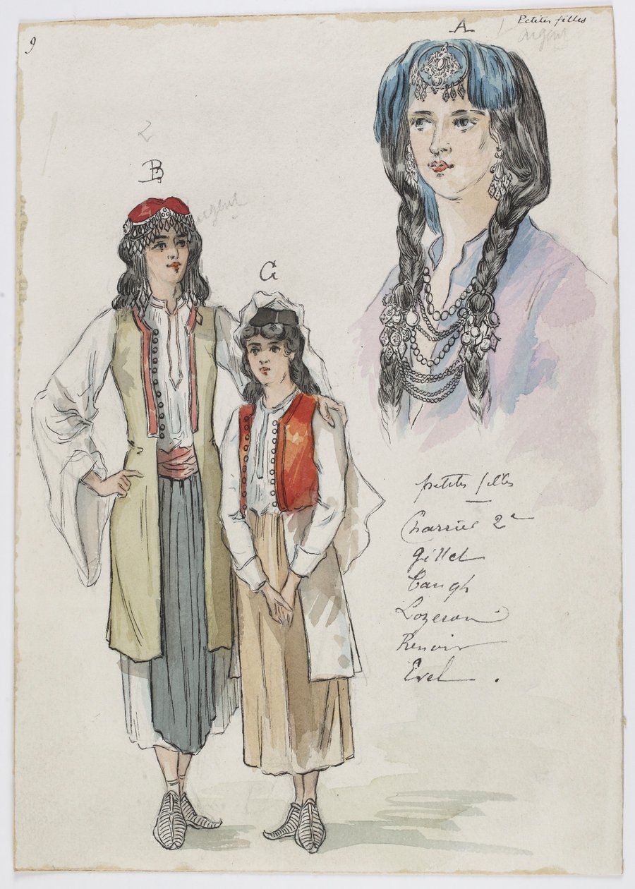 Holmès - De Zwarte Berg - kostuumontwerpen van Charles Bianchini - 09. Kleine meisjes. Juffrouwen Charrier 2e, Gillet, Taugh, Lozeran, Renoir, Evel door Charles Bianchini