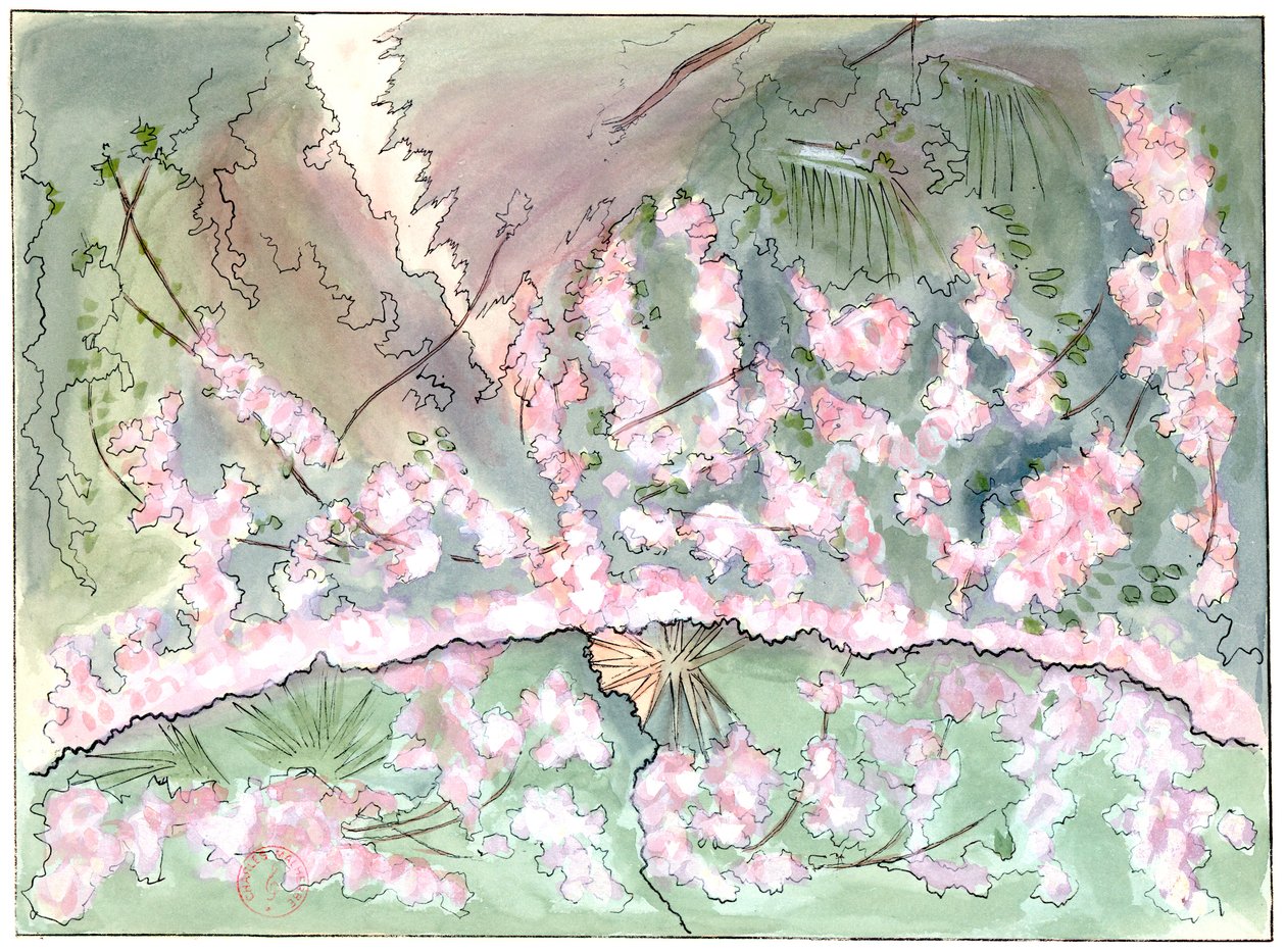 Massenet - Esclarmonde - Decors van Charles Bianchini - Akte 2, scène 1, Roos die het gordijn laat zakken - tekening door G. Stein, 1889 (c) door Charles Bianchini