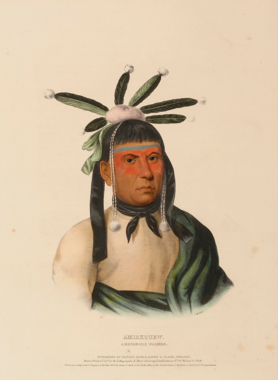 AMISKQUEW. A MENOMINIE WARRIOR, uit History of the Indian Tribes of North America. door Charles Bird King