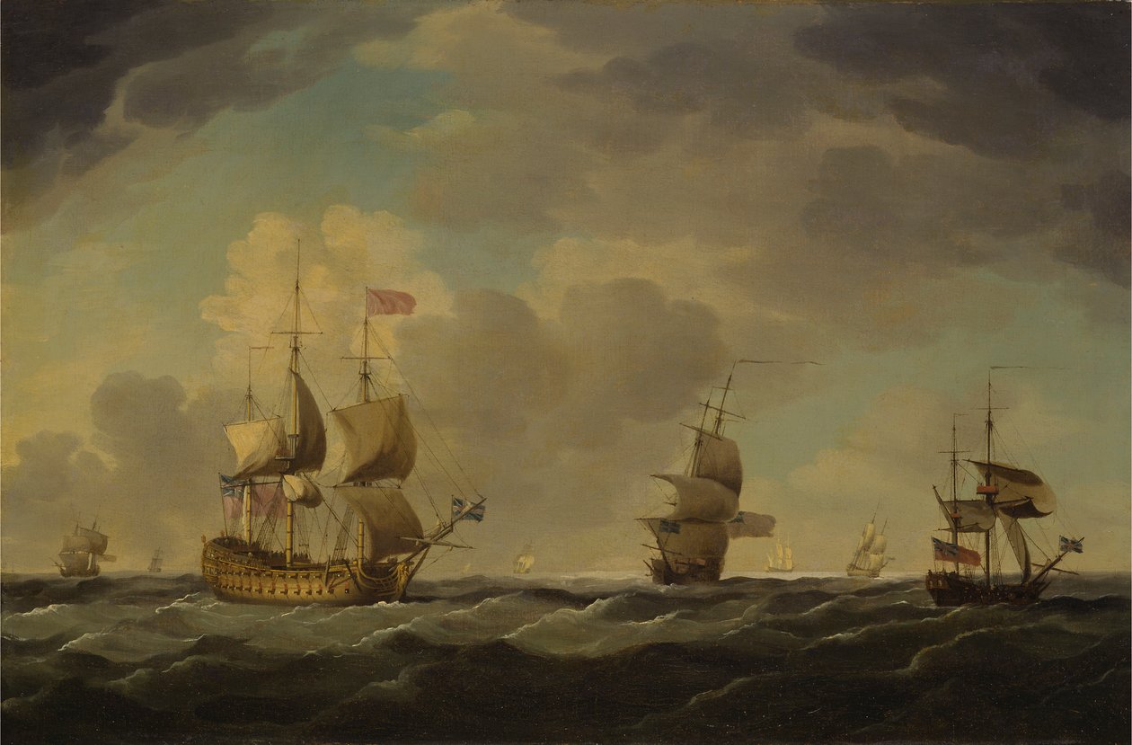 Een Engels vlaggenschip onder gemakkelijke zeil in een matige bries door Charles Brooking