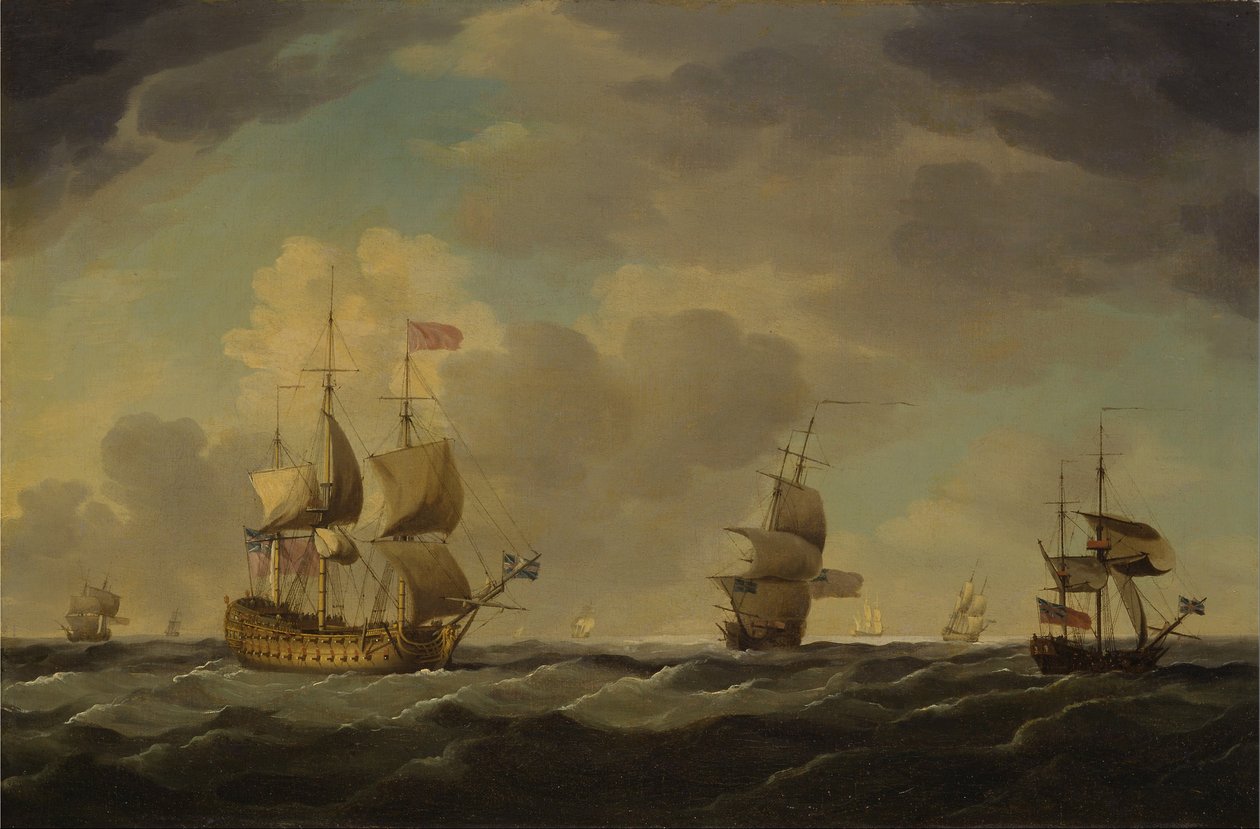 Een Engels vlaggenschip onder gemakkelijke zeil in een matige bries door Charles Brooking