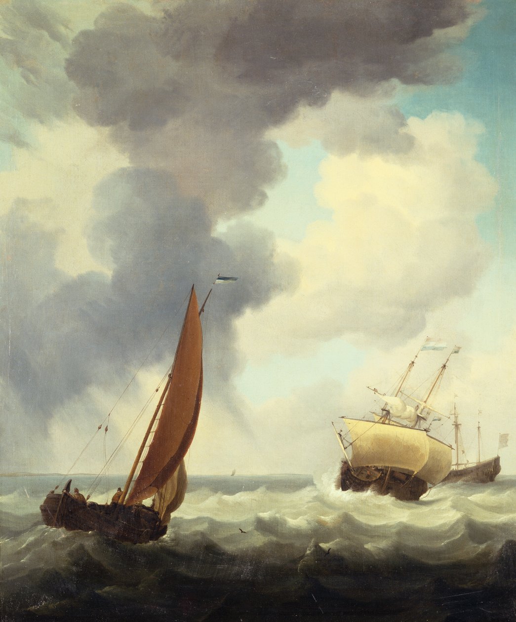 Nederlandse Koopvaardijschepen en een Kusthandelaar in Woelige Zee door Charles Brooking