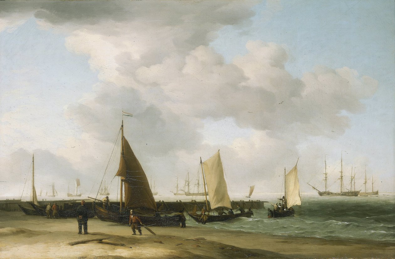 Scène aan de kust, met een oorlogsschip aan de horizon door Charles Brooking