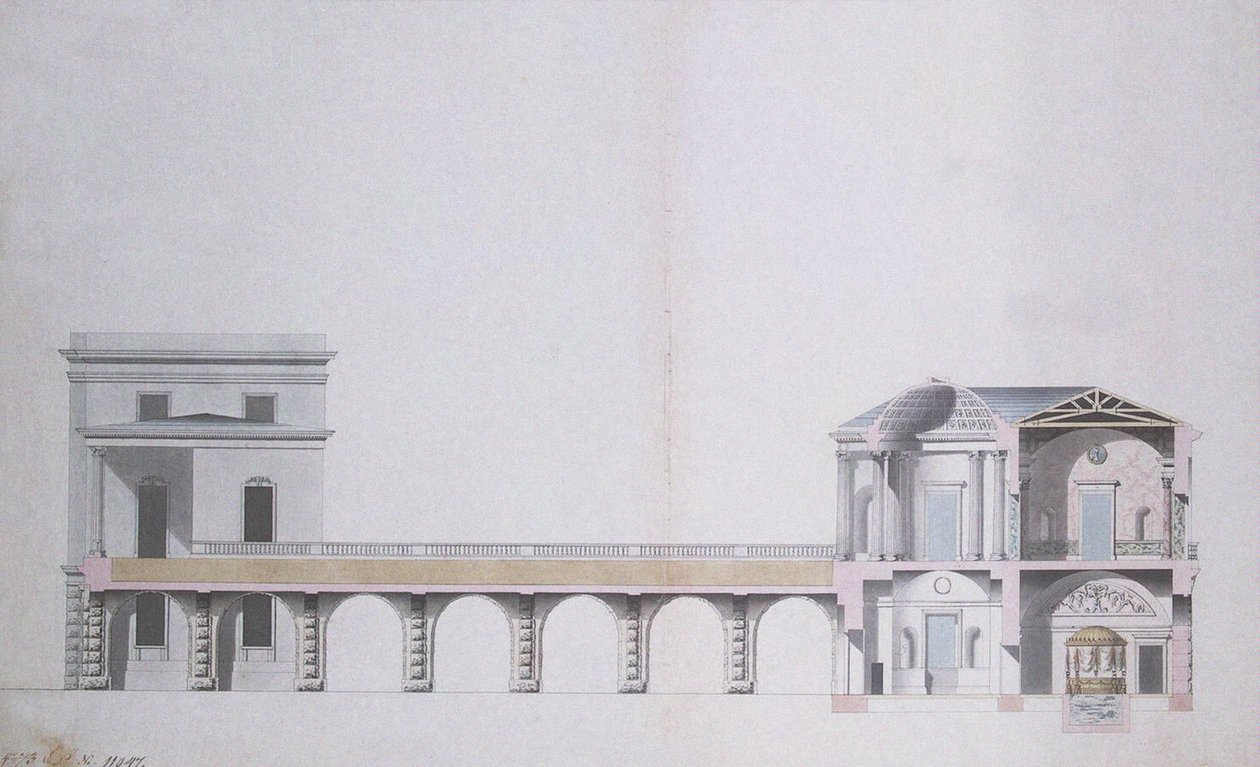 Dwarsdoorsnede van het Agaatpaviljoen en de Hangende Tuin in Tsarskoye Selo, ca. 1780 door Charles Cameron