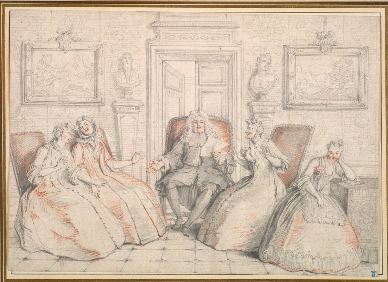 Trissotin leest voor aan Philaminte, Bélise, en Armande..., waarschijnlijk ca. 1725-1726 door Charles Coypel