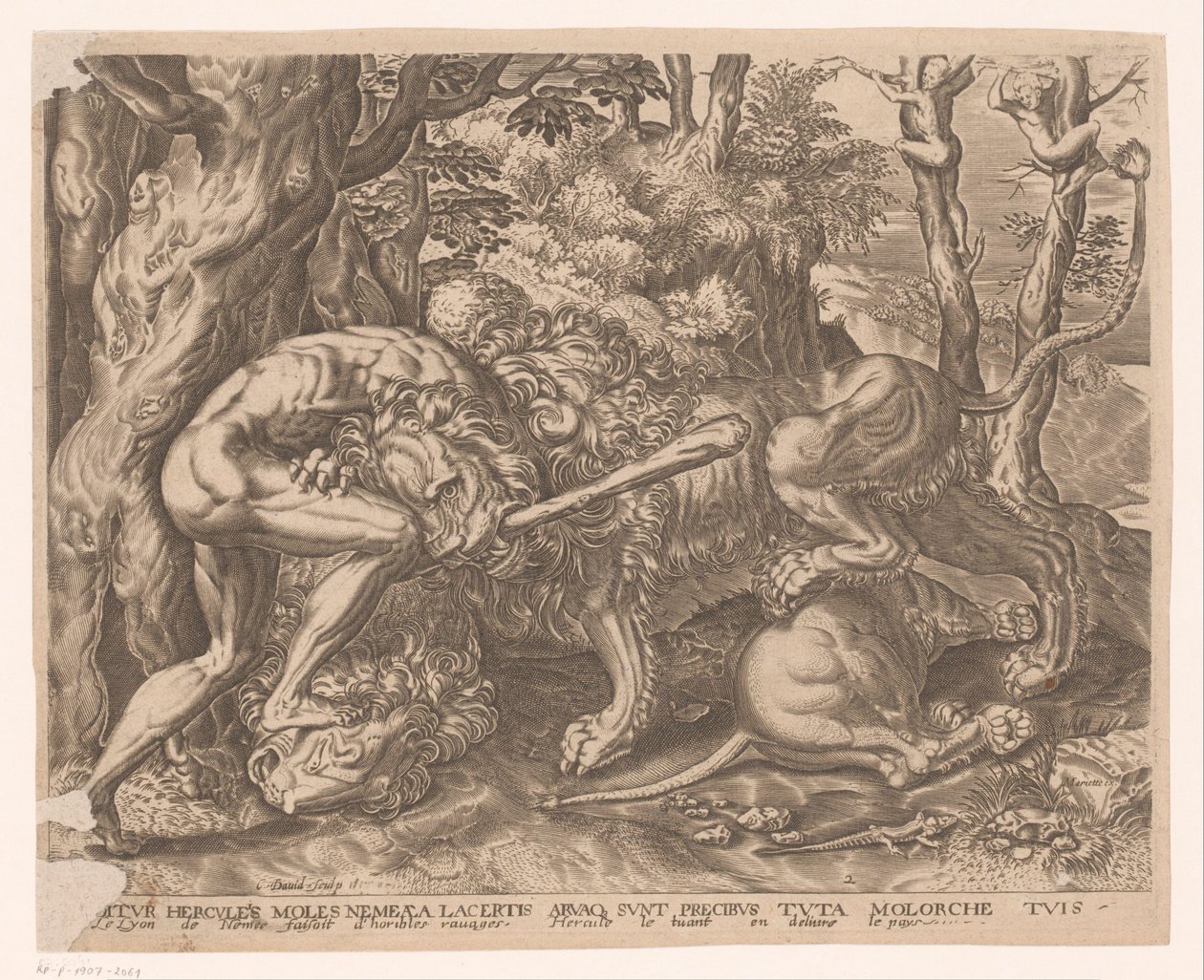 Hercules houdt de Nemeïsche leeuw in een wurggreep door Charles David