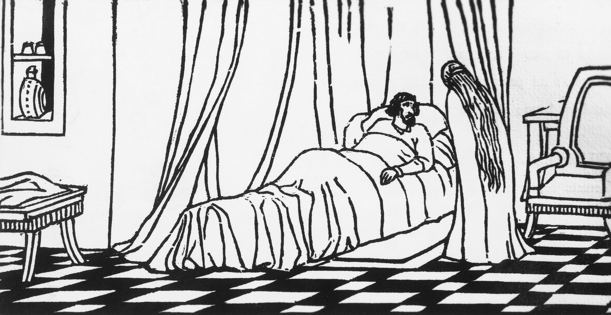 Melisande bezoekt Golaud, die in bed ligt na een val van zijn paard, houtsnede door Charles Doudelet voor Pelleas en Melisande door Maurice Maeterlinck, uitgegeven door Claudio Argentieri, Spoleto, Italië door Charles Doudelet