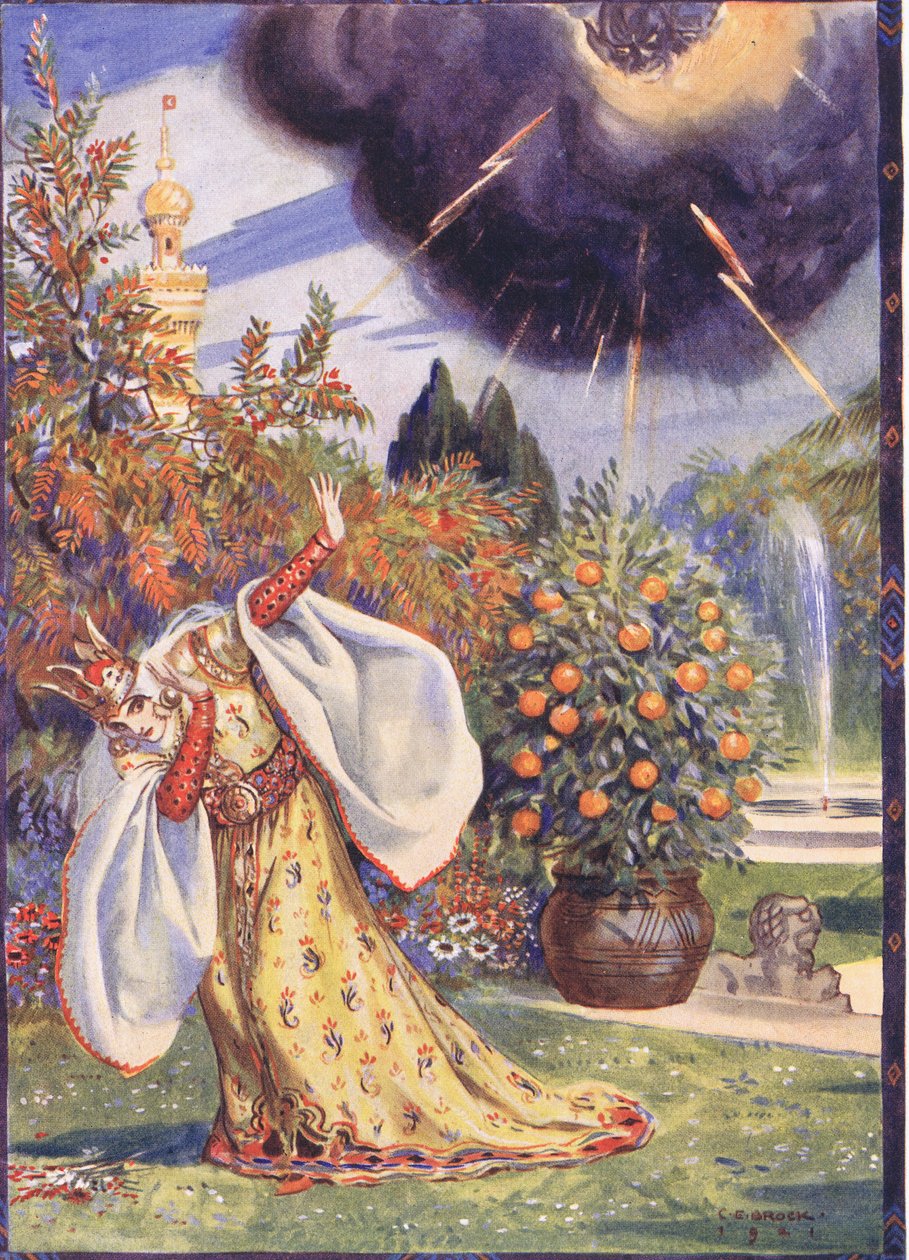 Een dikke wolk verscheen waaruit bliksemschichten schoten, scène uit Sucna Murga in Kinderverhalen uit Roemeense legenden door Moses Gaster (1856-1939) 1921 door Charles Edmund Brock