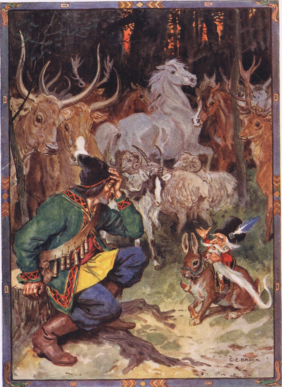 Hé! Goede man, ik weet wat je dwarszit, scène uit Sur de Adelaar in Kinderverhalen uit Roemeense legenden door Moses Gaster (1856-1939) 1921 door Charles Edmund Brock