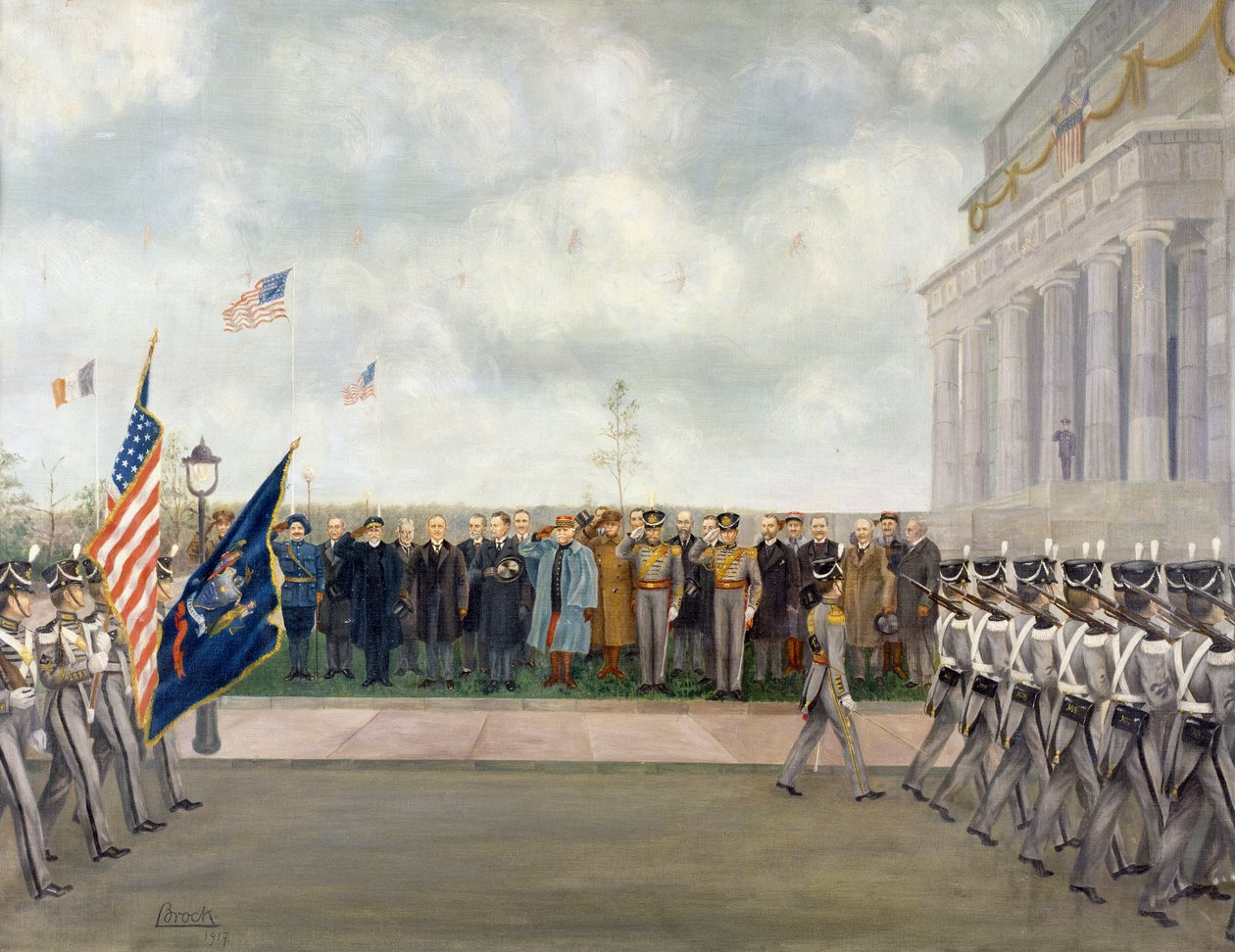 Maarschalk Joffre op missie naar Washington inspecteert studenten van West Point, lente 1917, door Charles Edmund Brock (1870-1938), Eerste Wereldoorlog, de Verenigde Staten, 20e eeuw door Charles Edmund Brock