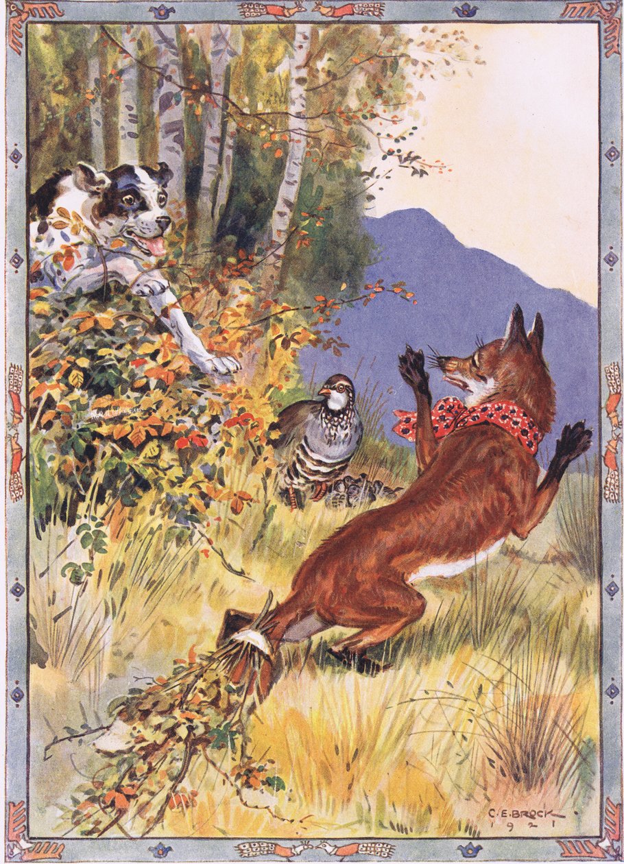 Uit de struiken sprong de hond, scène uit Het verhaal van de patrijs, de vos en de hond in Kinderverhalen uit Roemeense legenden door Moses Gaster (1856-1939) 1921 door Charles Edmund Brock