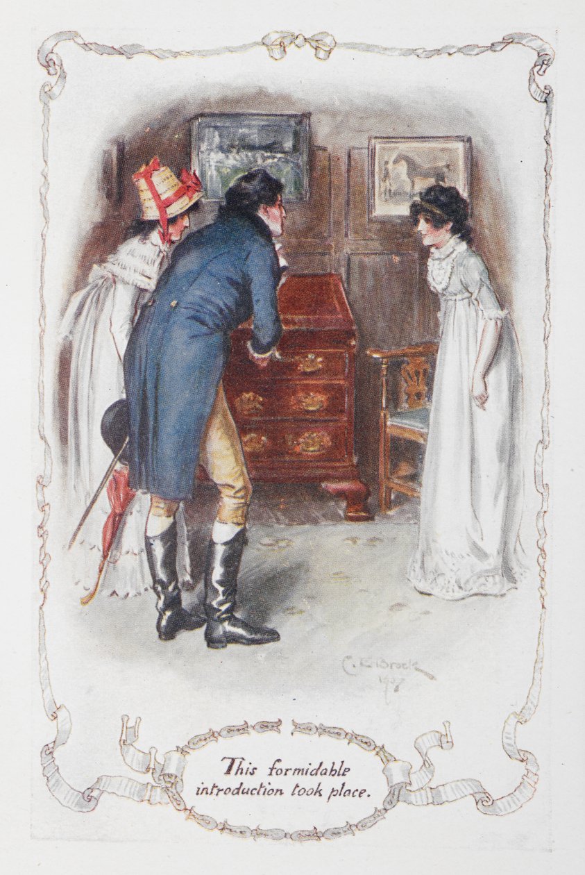 Deze formidabele introductie vond plaats, Georgina Darcy en haar broer, Fitzwilliam Darcy, met Elizabeth Bennet, illustratie bij 