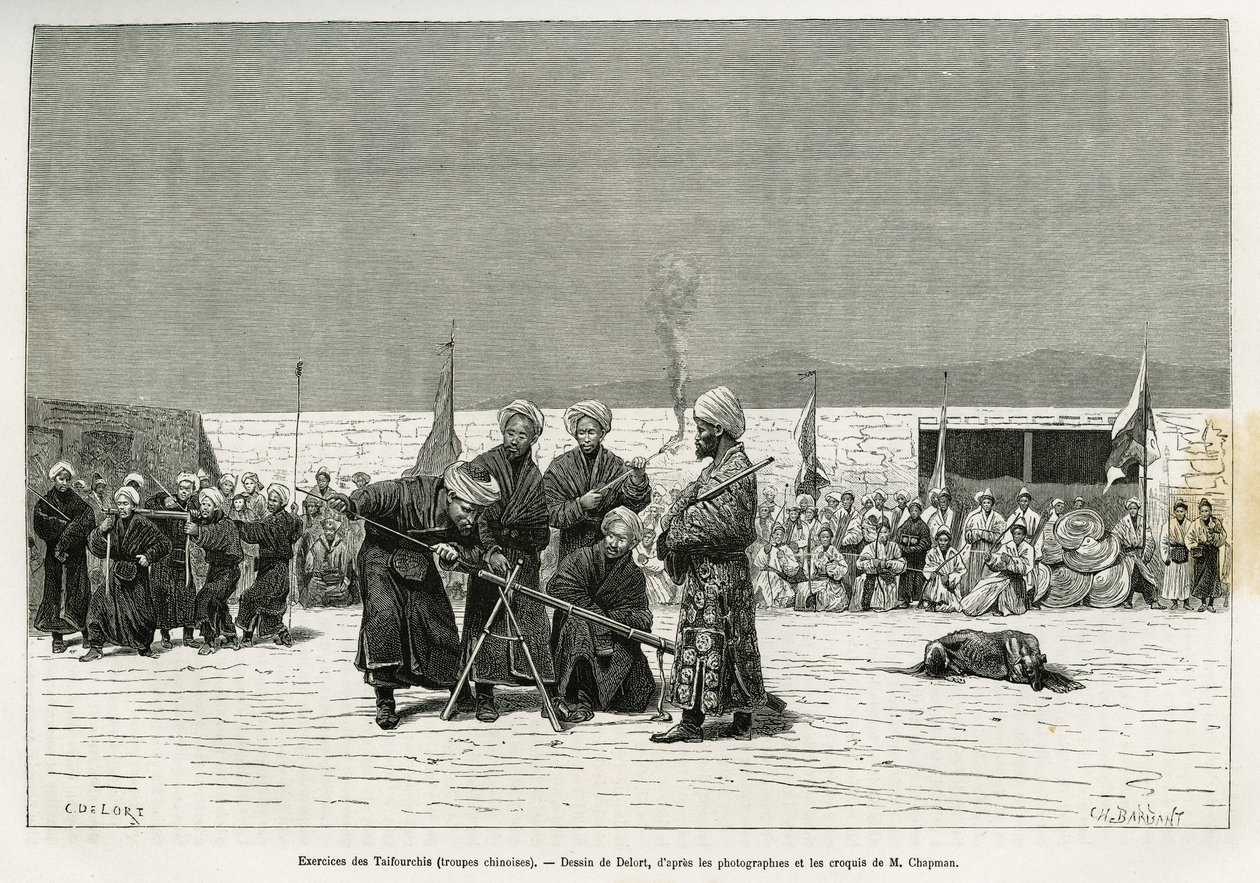 Oefeningen met het manipuleren van Taifourchi-bulwarkgeweren, troepen bewapend en getraind door het Chinese leger, tekening door Delort, ter illustratie van de herinneringen van een Engelse ambassade in Kachgar (of Kashi, China) in 1873-74, door de heren C door Charles Edouard Delort