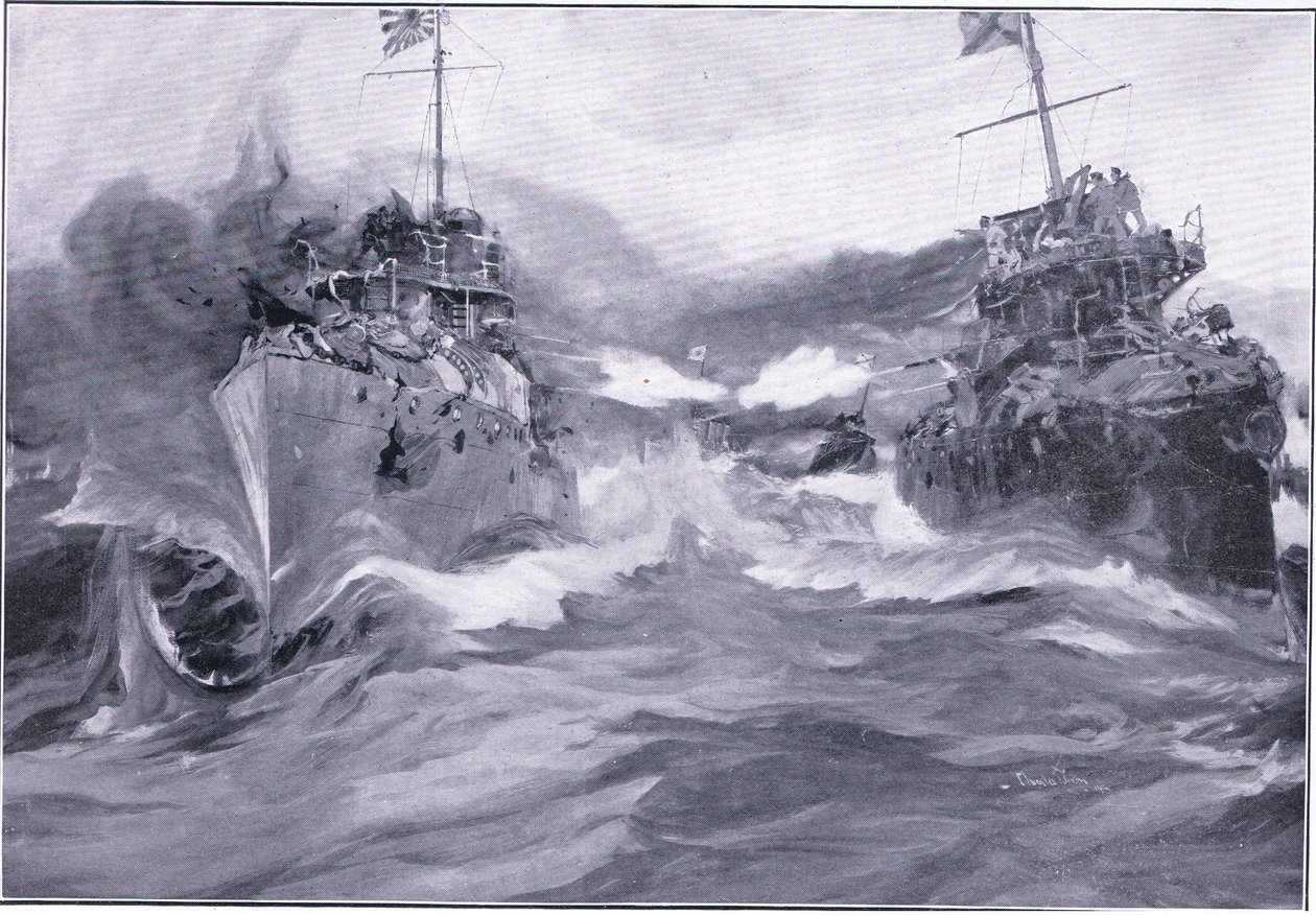 Een gevecht tussen vernietigers, illustratie uit Cassells History of the Russo-Japanese War Vol 1, ca. 1900 door Charles Edward Dixon