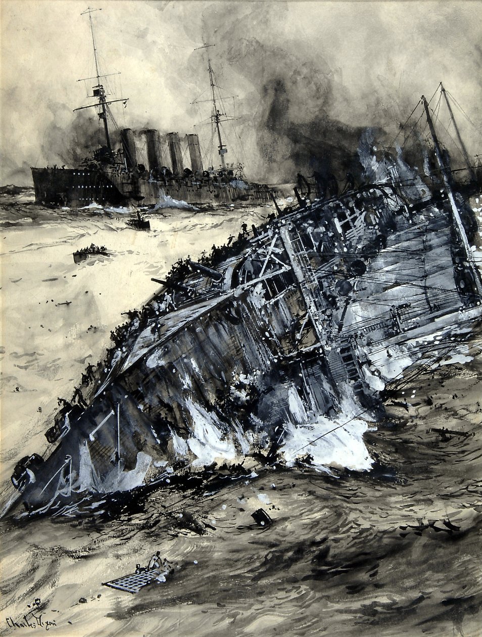 Zinken van de HMS Hogue, Cressy en Aboukir door Charles Edward Dixon